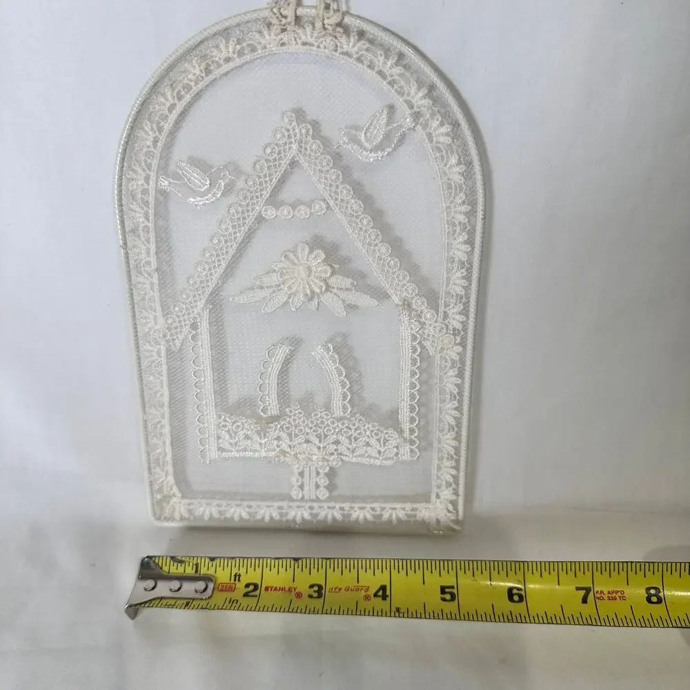 Vintage Hand Embroidered White Lace Plaque Birdhouse Window Shaped Frame Decor